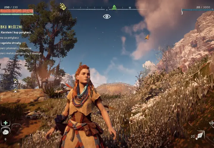 Aloy w Horizon Zero Dawn PC przemierza malowniczy świat, zbierając zasoby i walcząc z maszynami.