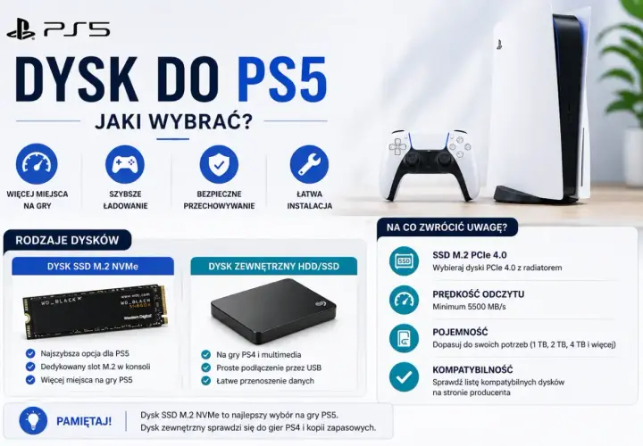 Porównanie dysków do PS5: szybki dysk SSD M.2 NVMe dla gier PS5 i dysk zewnętrzny HDD/SSD na PS4.