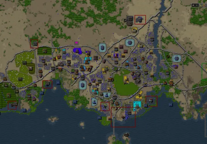 Mapa strategiczna z gry Songs of Syx. Widoczna rozbudowana osada z budynkami, drogami i zasobami, otoczona wodą i terenami zielonymi.