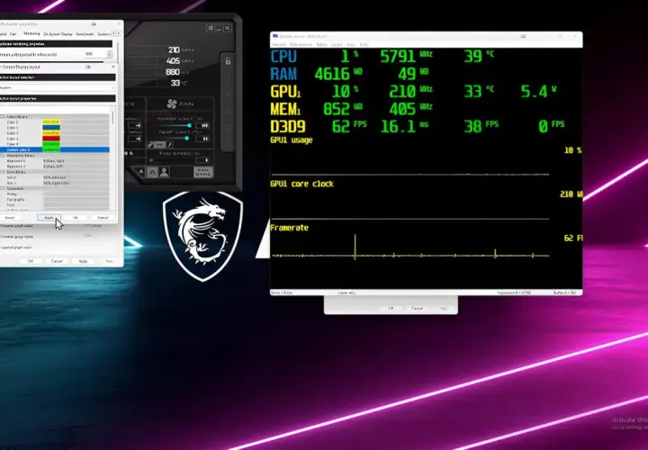 Test karty graficznej w MSI Afterburner. Widoczne parametry CPU, RAM, GPU, temperatury i taktowania.