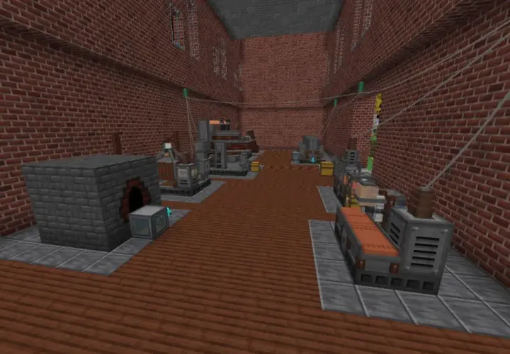 Wnętrze fabryki z maszynami i piecami, tworzące systemy do **immersive engineering**.