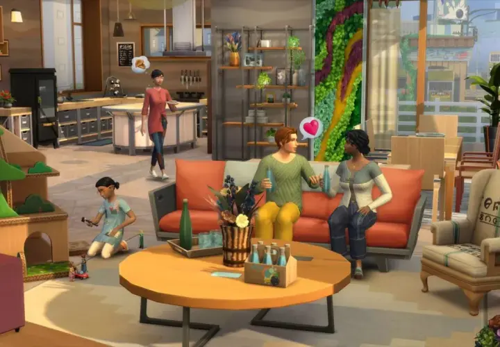 Rodzina w The Sims 4 cieszy się wspólnym czasem. Dziecko bawi się zabawkami, para rozmawia na kanapie, a mama przygotowuje posiłek. To idealny moment, by użyć kod na awans!