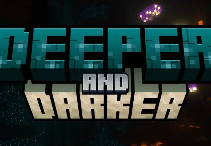 Napis "DEEPER AND DARKER" w stylu Minecraft, otoczony mrocznym, podziemnym krajobrazem z świecącymi grzybami.