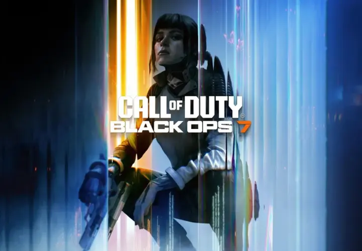Kobieta w futurystycznym stroju z bronią, logo Call of Duty Black Ops 7.