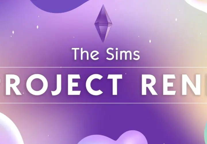 Logo "The Sims PROJECT RENE" na fioletowym tle z pastelowymi plamami. Czyżby zapowiedź The Sims 5?