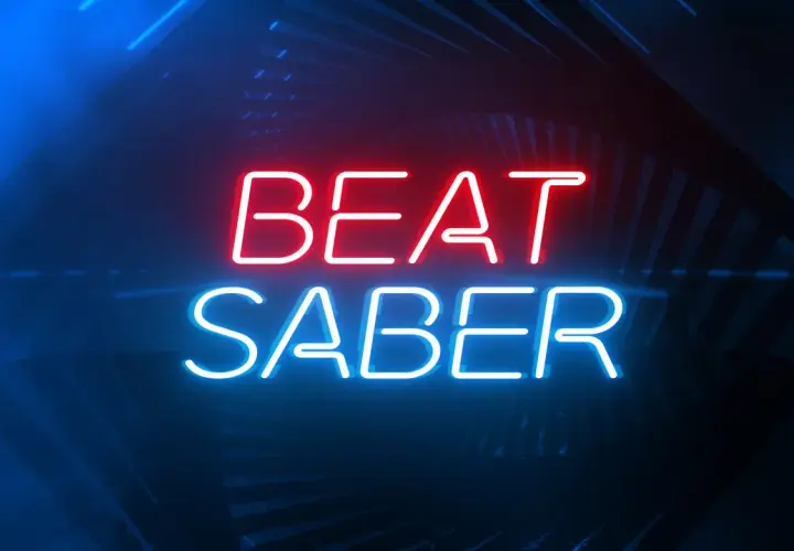 Neonowy napis "BEAT SABER" w czerwonych i niebieskich barwach, idealny do gry na PS5.