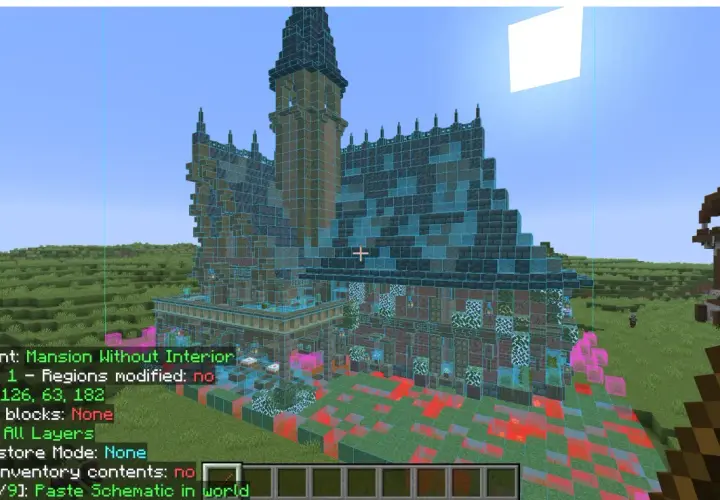 Szkielet rezydencji w Minecraft, widoczny jako litematica schematic, z niebieskimi obrysami bloków.