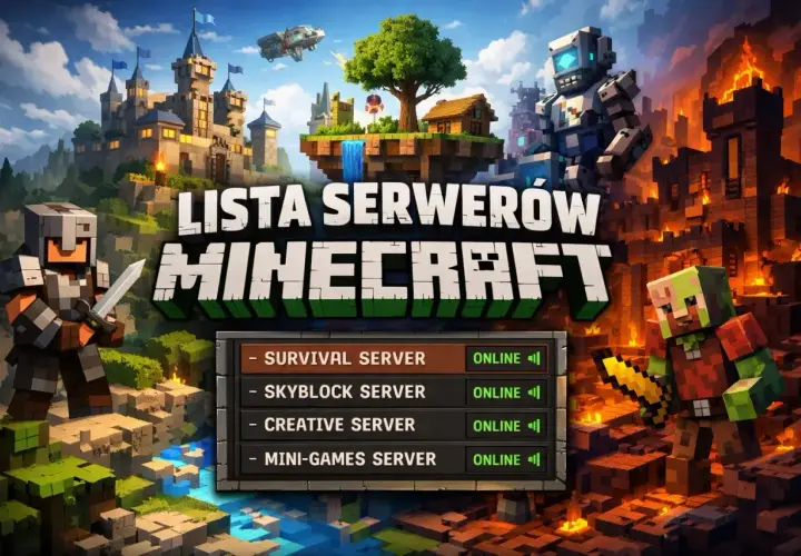 Lista serwerów Minecraft: Survival, Skyblock, Creative i Mini-Games. Bohaterowie w zbrojach i potwory w tle.