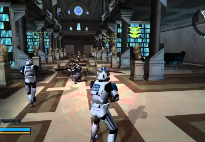 Żołnierze galaktyczni w grze Battlefront 2 PS5 walczą w bibliotece pełnej posągów i książek.