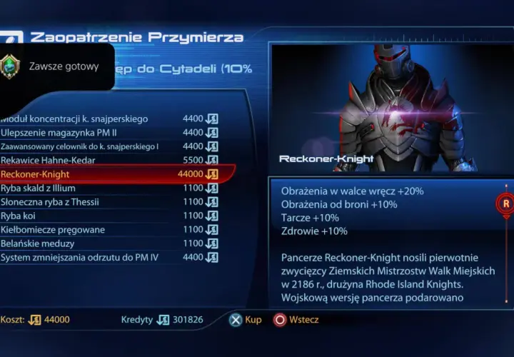 Pancerz Reckoner-Knight z Mass Effect 3, kosztujący 44000 kredytów, zwiększa obrażenia w walce wręcz i od broni, a także tarcze i zdrowie.