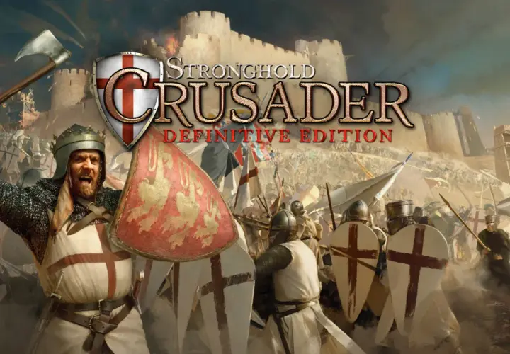 Bitwa pod murami twierdzy, rycerze w zbrojach i z tarczami z krzyżami. Tytuł: Stronghold Crusader Definitive Edition.