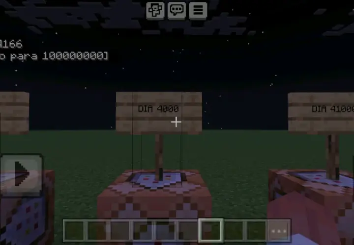 W Minecraft, komenda na dzień pozwala na zmianę czasu gry. Widać tu znaki "Dzień 40", "Dzień 4000" i "Dzień 41000".