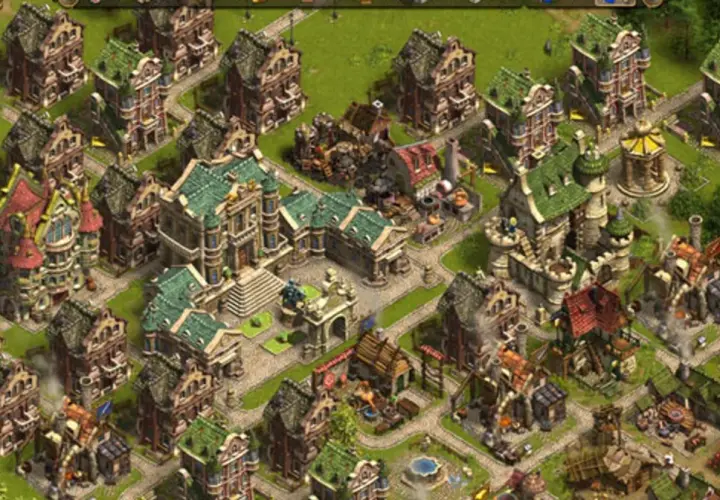 Widok z gry settlers online: rozbudowana osada z wieloma budynkami, ścieżkami i zielenią.