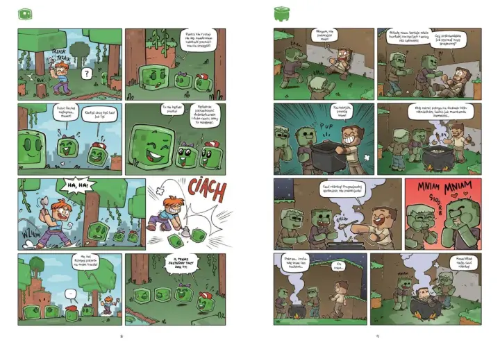 Postacie z Minecrafta: Creepery uczą się od mamy, jak być groźne, a Steve gotuje zupę dla zombie.