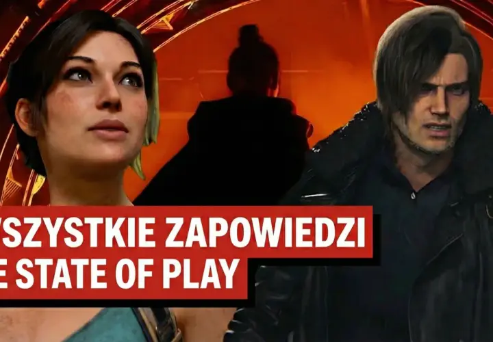 Zapowiedzi ze State of Play: zbliżenie na twarze postaci z gry, w tle czerwona poświata.