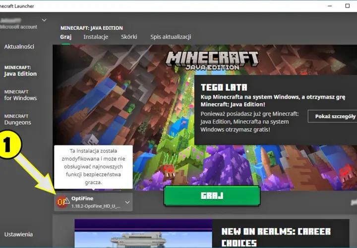 Minecraft Launcher z zainstalowanym OptiFine 1.18.2. Widoczna jest informacja o modyfikacji instalacji i ostrzeżenie.