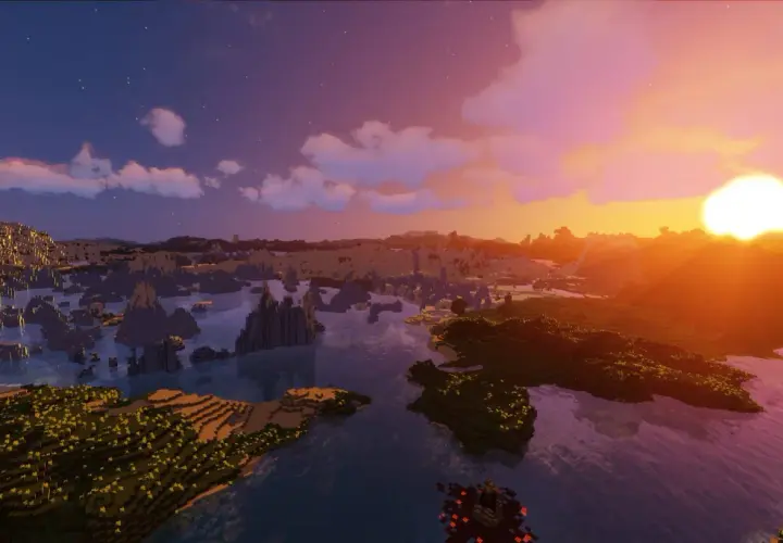 Zachód słońca nad wodą i wyspami, z chmurami i gwiazdami na niebie, dzięki Sildurs Vibrant Shaders.