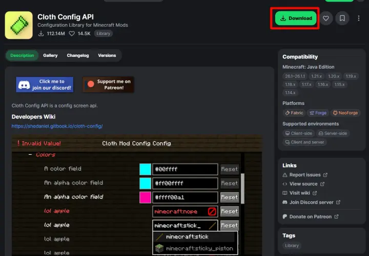 Pobierz Cloth Config API, bibliotekę konfiguracji dla modów Minecraft. Strona zawiera opcje pobierania i informacje o kompatybilności.