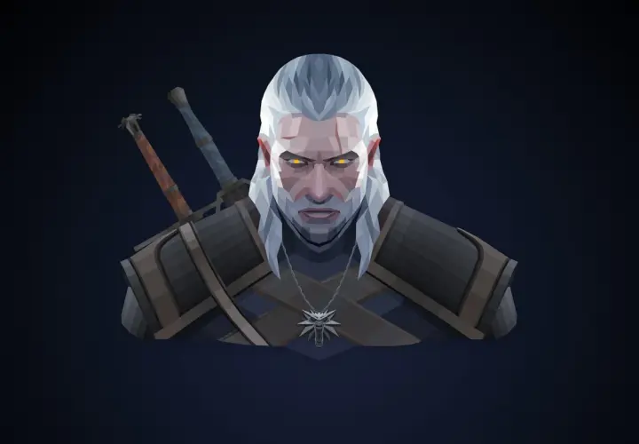 Geralt z Rivii, the Witcher, z żółtymi oczami i dwoma mieczami na plecach, gotowy do walki.