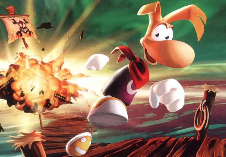 Rayman 2: wesoła eksplozja na pirackim statku, bohater unosi się w powietrzu.