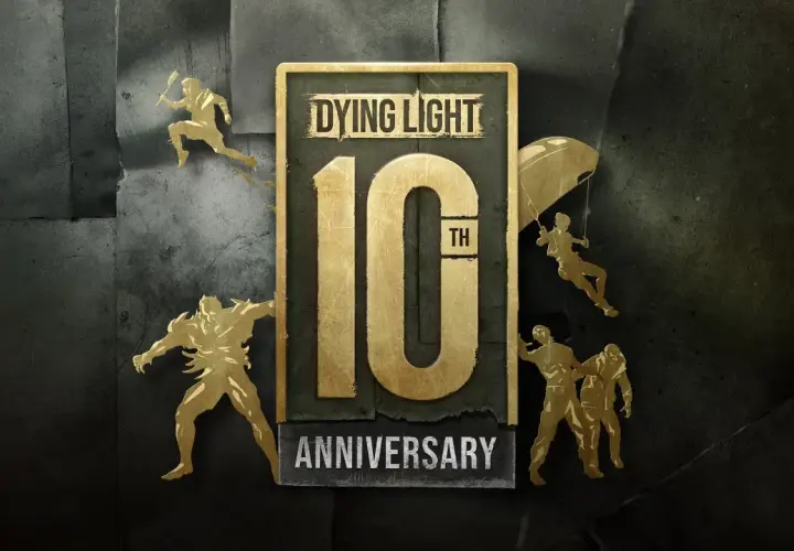 Złote sylwetki postaci z gry Dying Light świętują 10. rocznicę. Widoczni biegacze, skoczek na spadochronie i walczący.