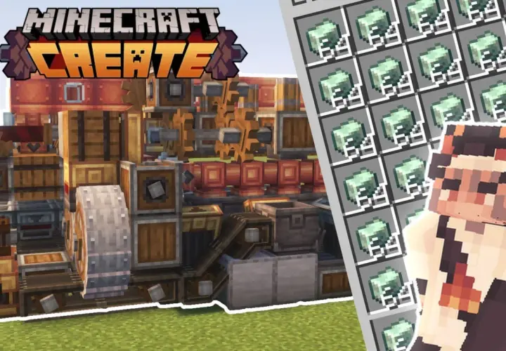 Złożona maszyna z Minecraft Create mod, pełna zębatek i skrzyń, obok postaci z gry i stosu zielonych przedmiotów.
