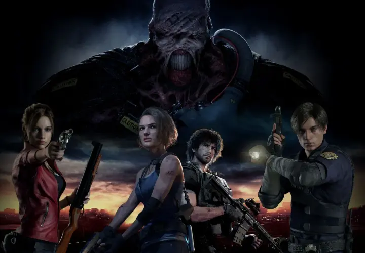 Claire, Jill, Carlos i Leon z Resident Evil walczą z Nemesis na tle zniszczonego miasta.