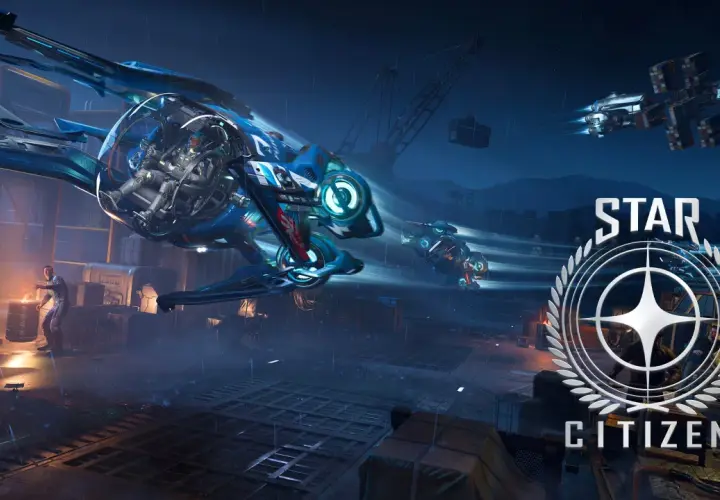 Nocny deszcz w dokach, gdzie statki z gry Star Citizen przygotowują się do lotu. W tle logo gry.