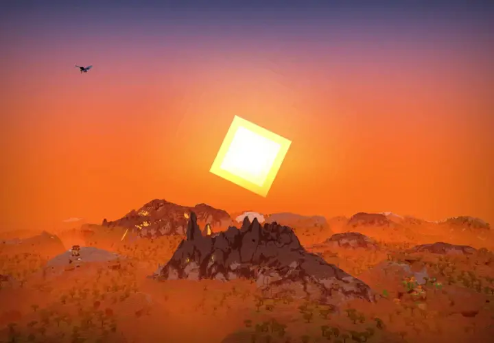 Krajobraz z gry komputerowej z widokiem na góry i pustynię, gdzie słońce świeci w sposób beyond belief shaders. Ptak leci na tle pomarańczowego nieba.