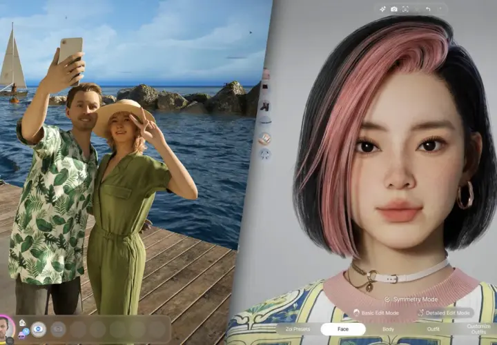 Para tworzy selfie na molo, obok widać interfejs edycji postaci, jak w Sims 4 na Steam.