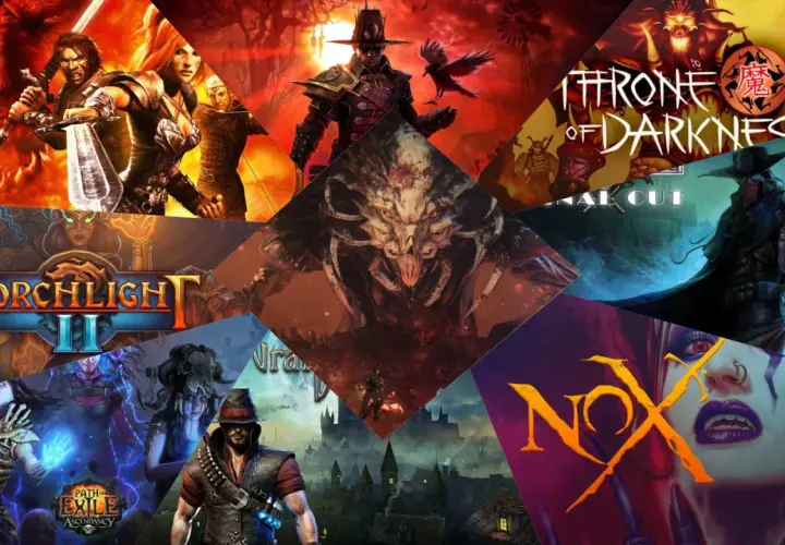 Kolaż okładek gier typu hack and slash: Torchlight II, Path of Exile, Nox, Throne of Darkness i inne.