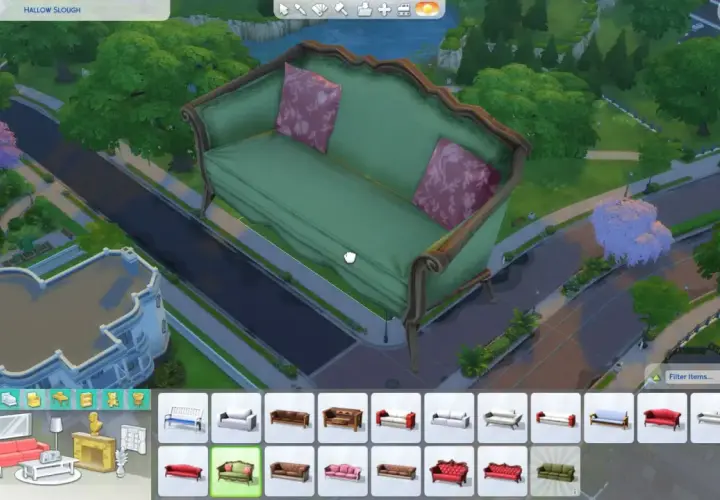 Jak powiększyć przedmioty w The Sims 4? W grze widzimy ogromną kanapę, która może być efektem powiększenia.