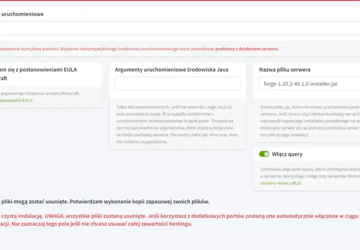 Instalacja serwera Minecraft z forge-1.20.2-48.1.0-installer.jar. Wybór środowiska Java 8.