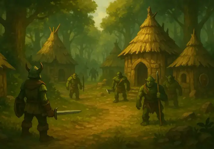 Wojownik staje naprzeciwko goblinów w ich leśnych chatkach. To niebezpieczne expowiska margonem.