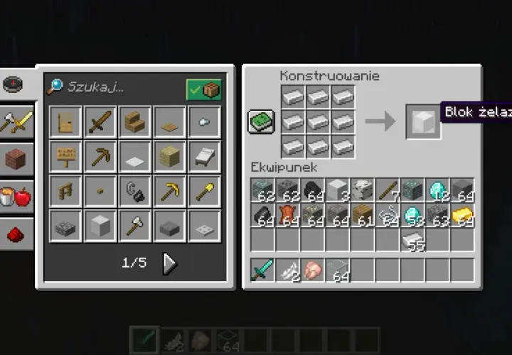 Gracz tworzy blok żelaza w grze Minecraft. W oknie "Konstruowanie" widać dziewięć sztabek żelaza, które po połączeniu dają blok.