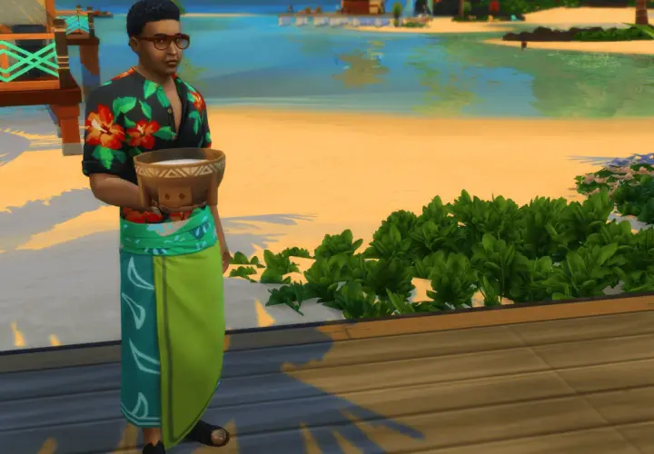 Sim z miską na plaży, jak zrobić staw w The Sims 4. Tropikalny krajobraz z wodą i piaskiem.