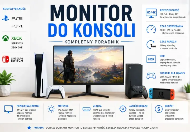 Konsola PlayStation 5 i Xbox Series X obok monitora z grafiką z gry, idealne do grania na konsoli.