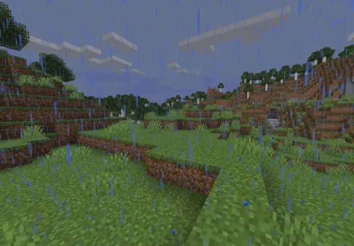 Deszczowy krajobraz w Minecraft. Chcesz wiedzieć, jak zmienić pogodę w MC? Wystarczy wpisać komendę `/weather clear`.