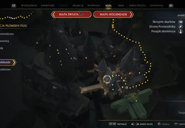 Mapa Hogwartu z zaznaczonymi płomieniami fiuu i listą zadań. Szukasz kluczy Dedala, by odblokować nowe lokacje.