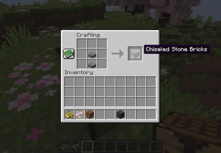 Jak zrobic kamienne cegły w MC: dwa kamienne bloki w crafting table tworzą rzeźbione kamienne cegły.