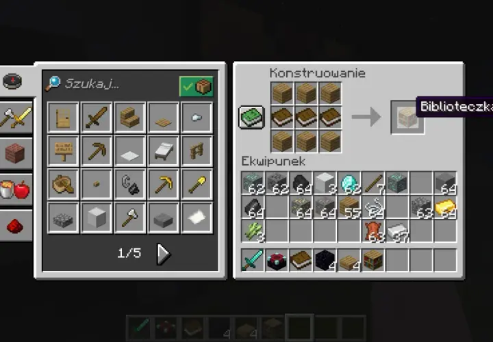 Jak zrobic pulpit w mc? Widać crafting z 6 desek i 3 książek, tworzący biblioteczkę.