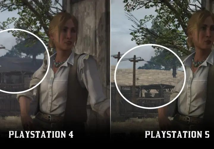 Porównanie grafiki Red Dead Redemption na PS4 i PS5. Kobieta w białej koszuli i kamizelce, na tle wiejskiego krajobrazu.