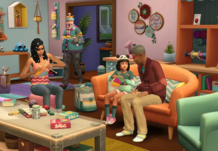 Rodzina rozwija swoje umiejętności w The Sims 4, dziergając i tworząc rękodzieło.