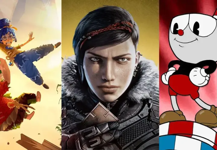 Trzy gry: dwójka postaci z "It Takes Two" w locie, wojowniczka z Gears 5 i Cuphead. Idealne gry coop!