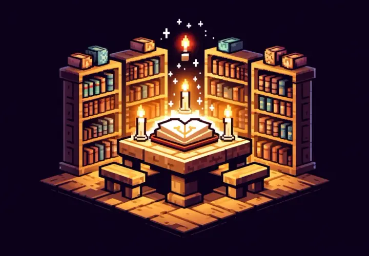 Magiczna biblioteka z otwartą księgą i świecami. Jak zrobic ksiazke z piorem w mc? Tu znajdziesz inspirację.