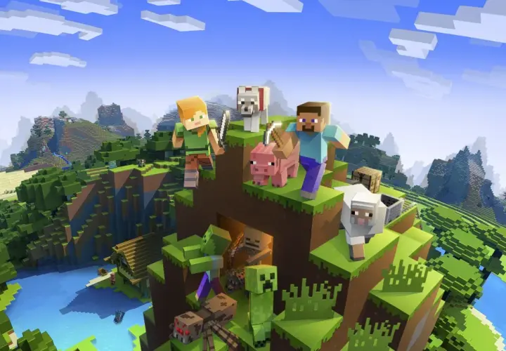Steve i Alex z psami, świnią i owcą na szczycie bloku. W dole czają się zombie, creeper i pająk. To świat, gdzie czity do Minecrafta mogą pomóc przetrwać.