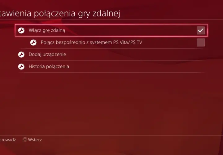 Ustawienia połączenia gry zdalnej, włącz grę zdalną. Możliwość grania na PC dzięki PS Remote Play.