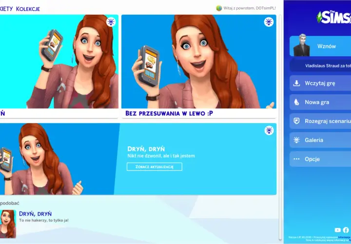 Kobieta z rudymi włosami trzyma telefon, sugerując aktualizację Sims 4. Obok przycisk "Zobacz aktualizację".