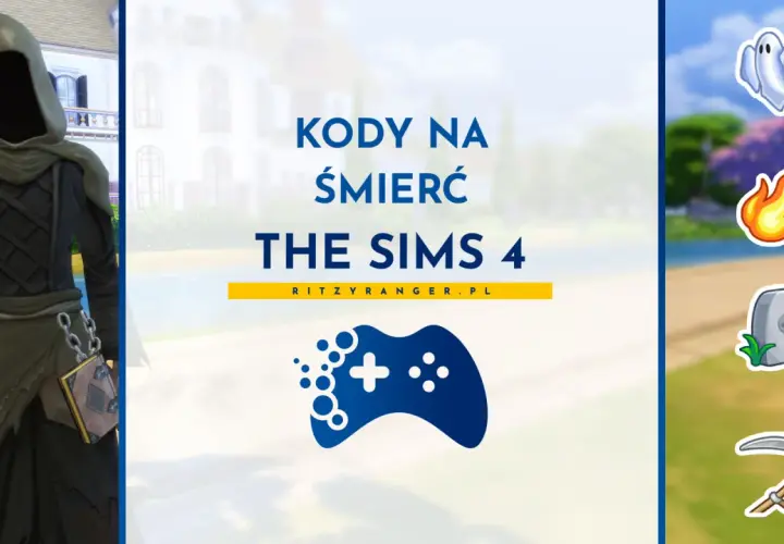 Postać z gry The Sims 4 w stroju kostuchy, obok napisu "Kody na śmierć The Sims 4". Ikony ducha, ognia, nagrobka i kosy sugerują, jak zabic sima.