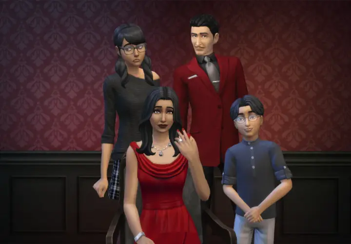 Rodzina Ćwir z The Sims 4 pozuje do portretu. Elegancka mama w czerwonej sukni, tata w garniturze, nastoletnia córka i młodszy syn.